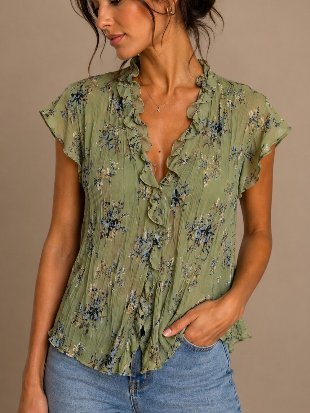 ALLISON TAYLOR Sage Green Floral Crepe Chiffon Ruffle Castlecore Blouse